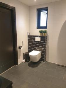 a bathroom with a white toilet and a window at Ruunerwoldse Stekkie met eigen badkamer in Ruinerwold