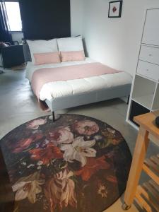 een slaapkamer met een bed met een tapijt op de vloer bij Ruunerwoldse Stekkie met eigen badkamer in Ruinerwold