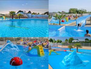 a collage of four pictures of a swimming pool at Le Flamboyant - Piscines chauffees in Brem-sur-Mer