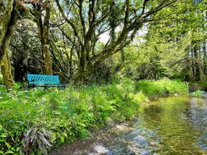 a blue park bench sitting next to a stream at Shepherds Hut Glamping in Bantry
