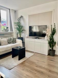 ein Wohnzimmer mit einem großen Flachbild-TV in der Unterkunft Apartment in Pempelfort - Central in Düsseldorf