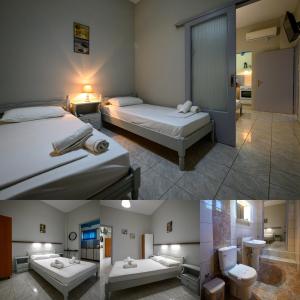 two pictures of a bedroom with two beds and a bathroom at George Apartments Stoupa in Stoupa