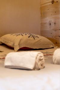 ein Handtuch auf dem Boden neben einem Kissen in der Unterkunft Chalet d'en Ô in Les Clefs