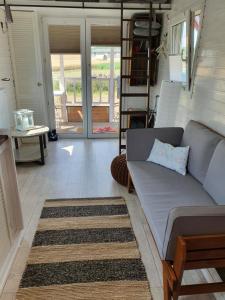ein Wohnzimmer mit einem Sofa und einem Teppich in der Unterkunft Tiny House in Schönbeck