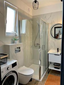 デンプキにあるDomki Premium LATO&ZIMA z basenemのシャワー、トイレ、洗面台を備えたバスルーム