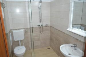 a bathroom with a shower and a toilet and a sink at Hotel Insula in Neptun