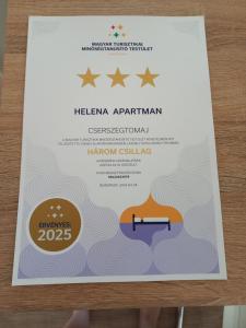 Certifikát, ocenenie alebo iný dokument vystavený v ubytovaní Helena apartman