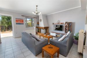 a living room with two couches and a tv at Sterna House Paxos in Vlachopoulátika