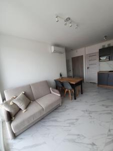 ein Wohnzimmer mit einem Sofa und einem Tisch in der Unterkunft Mierzeja Park 13 apartament 40m2 in Sztutowo