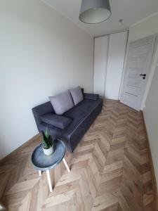 a living room with a black couch and a table at Mierzeja Park 13 apartament 40m2 in Sztutowo +10 photos