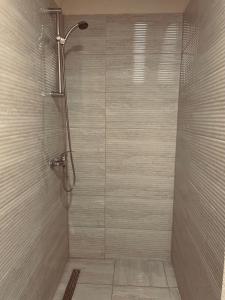 La salle de bains est pourvue d'une douche avec une porte en verre. dans l'établissement Pansion Luka, à Međugorje