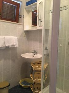 La petite salle de bains est pourvue d'un lavabo et d'une douche. dans l'établissement Apartmani Silence, à Rogoznica