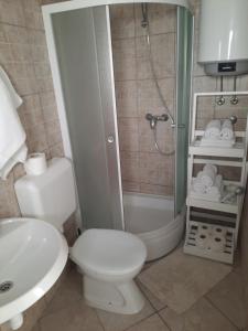 a bathroom with a toilet and a shower and a sink at Apartments Ankica in Split