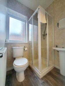 a bathroom with a toilet and a shower and a sink at Brooklyn Hotel in Blackpool