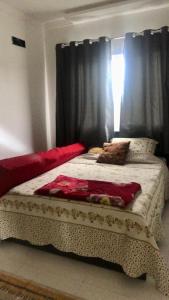 1 dormitorio con 1 cama grande con sábanas rojas y blancas en brisas da maré, en Passo de Torres