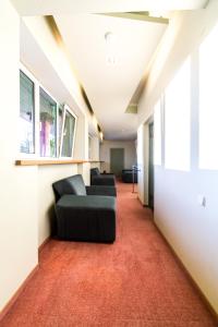 ein Wohnzimmer mit einem schwarzen Sofa und einem roten Teppich in der Unterkunft Basanavičiaus g. 45 Apartments in Palanga