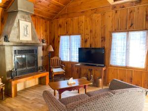 uma sala de estar com lareira e televisão em La Sapinette em Val-David