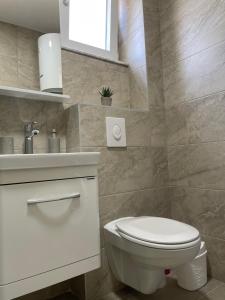 a bathroom with a white toilet and a sink at Apartman Holiday in Tivat +19 photos