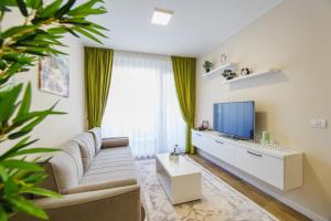 ein Wohnzimmer mit einem Sofa und einem TV in der Unterkunft Olive Garden at West Residence in Oradea