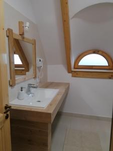 een badkamer met een wastafel en een spiegel bij Pensiunea Căsuța din Deal in Moisei