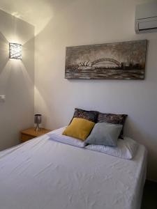 1 dormitorio con 1 cama con 2 almohadas en Au soleil, en Canet-en-Roussillon