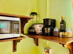 a shelf with a microwave and other items on it at Apartamentos M&M in Fortuna