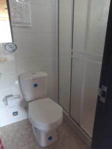 a bathroom with a white toilet and a shower at Los Recuerdos de Florito y Leo in Monguí