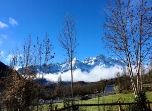 a view of a snow covered mountain in a field with trees at Chalet Casa La Cumbrecita en Panticosa in Panticosa