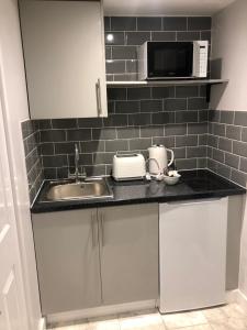 a kitchen with a sink and a microwave at Exclusive Modern decorated 1 Bedroom Detached Studio in Newport