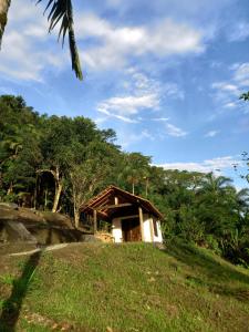 a small house on top of a grassy hill at Chalé Floresta Toca da Serra in Iporanga