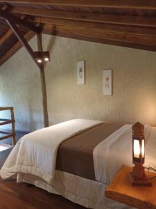 a bedroom with a large bed with a lamp on a table at CHALÉS LUAR DO PICO in Santo Antônio do Pinhal