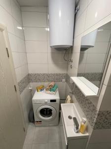 a small kitchen with a washing machine and a sink at Apartments Dionis in Kotor +17 photos