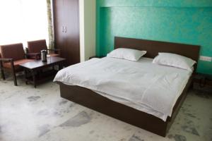 a bedroom with a large bed with a green wall at Hotel Holiday Home in Jaipur