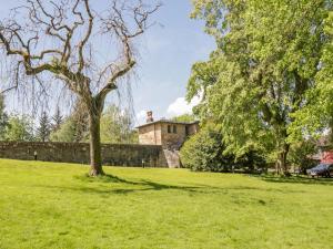 un árbol en un campo con una casa en el fondo en The Coach House - Holmwood en Glasgow