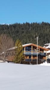 ein großes Holzgebäude mit Schnee davor in der Unterkunft Appartementhaus Anka in Seefeld in Tirol