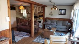 un salon avec un canapé et une cuisine dans l'établissement Chalet - Les Tourterelles - très agréable pour couple et famille ., à Saint-Côme