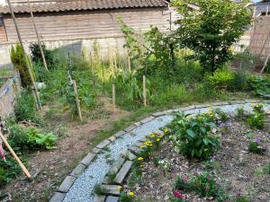 un jardín con una pasarela de piedra en un patio en 農家民宿　たなか, en Suzu