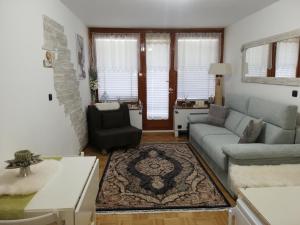 ein Wohnzimmer mit einem Sofa und einem Stuhl in der Unterkunft Condominio - Guglielmo Tell in Sestriere
