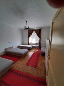 Habitación con 2 camas y ventana con alfombras rojas. en All-in-a good space, en Budapest