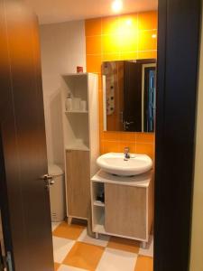 y baño con lavabo y espejo. en Apartamento MIRABOSQUE - plaza garaje incluida, en Arenas de San Pedro