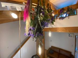 a bunch of flowers hanging from a ceiling at FamA in Nakafurano