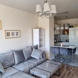a living room with a couch and a kitchen at Apartament Perła Juraty in Jurata