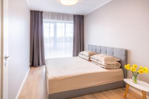 a bedroom with a bed and a window at Siili Apartment-free parking in Tartu