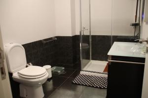 a bathroom with a toilet and a shower and a sink at casa da praia in Vila do Conde