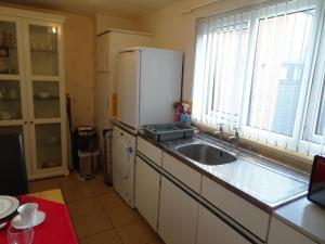 una cucina con un frigorifero bianco e un lavello di Home with a view a Liverpool