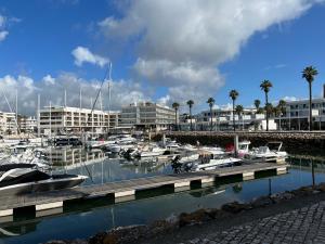 a group of boats docked in a marina with buildings at Casa de Oksana in Lagos