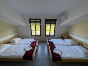 zwei Betten in einem Zimmer mit zwei Fenstern in der Unterkunft Hotel Neron Bihać in Lohovo