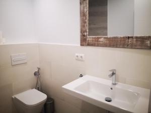 a bathroom with a sink and a toilet and a mirror at Beautiful Apartment in the heart of seville in Seville