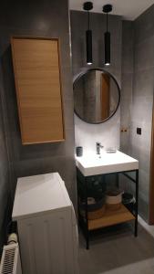bagno con lavandino e specchio di Maja Apartment a Sopot