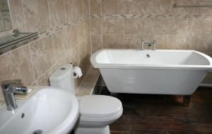 y baño con bañera, aseo y lavamanos. en Penralley House B&B, en Rhayader
